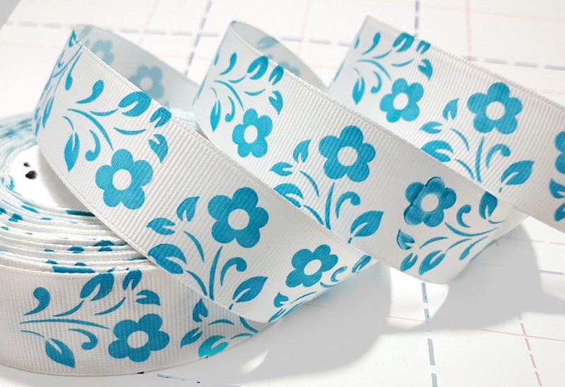 032 25мм Репсовая лента с рисунком 23м (+-1м) Цветы Белый/голубой