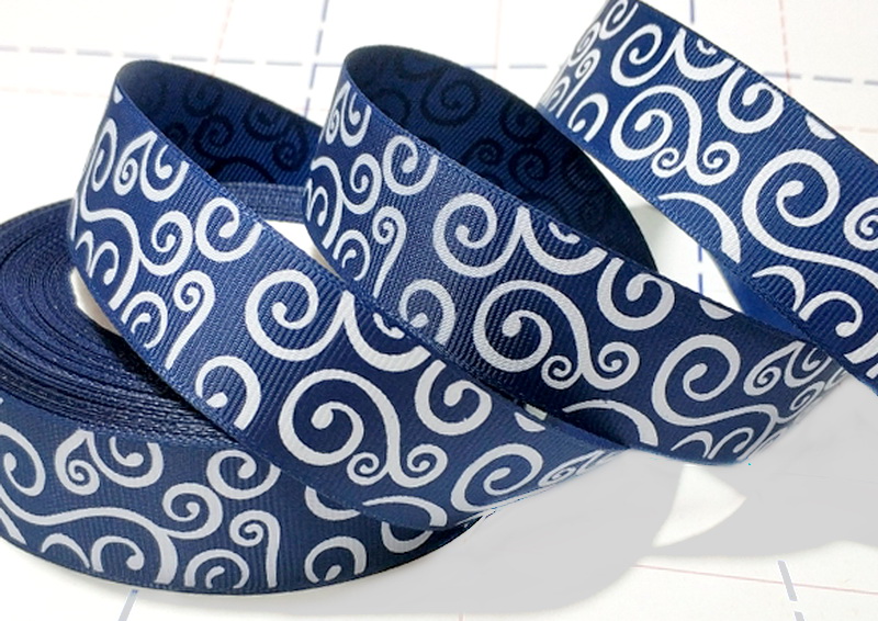 112 25мм Репсовая лента с рисунком 23м (+-1м) Витушки Темно-синий/белый