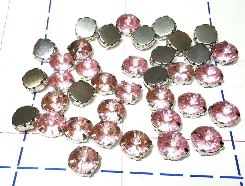 14 мм Стразы в металлической оправе Круг Серебро/розовый