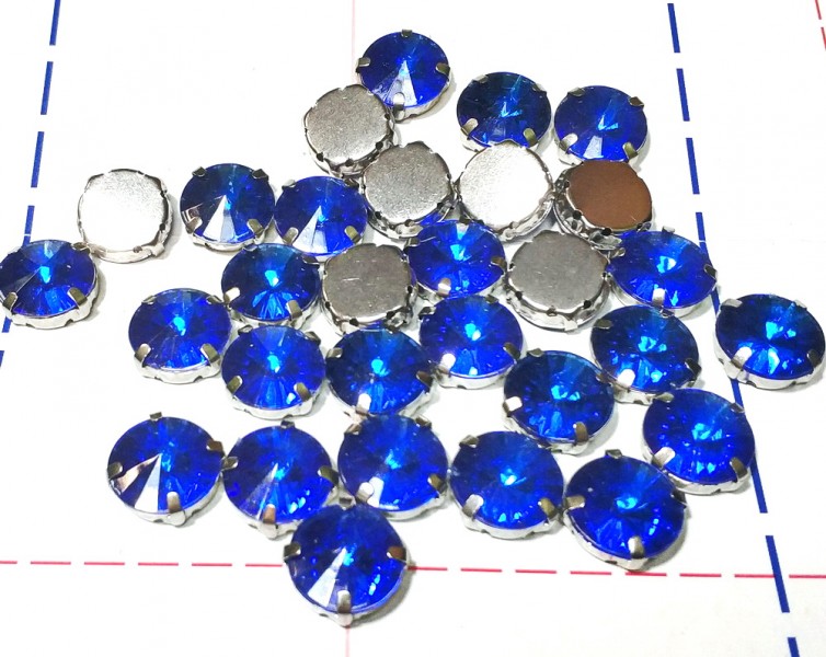 14 мм Стразы в металлической оправе Круг Серебро/синий