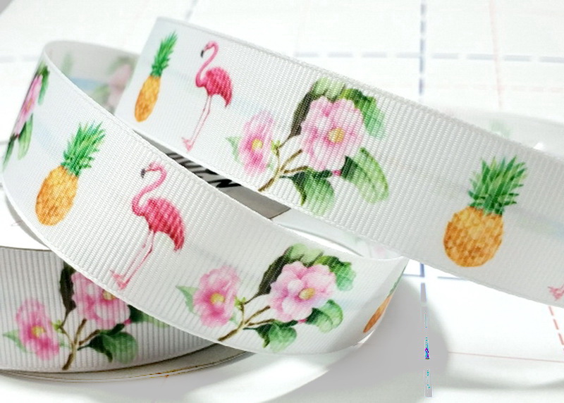 308 25мм Репсовая лента с рисунком 9,1м (+-0,3м) Фламинго-ананас