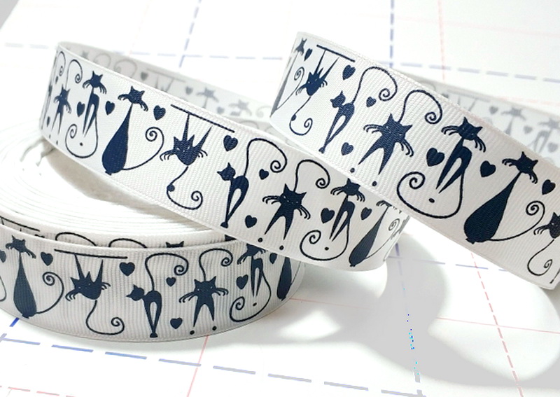 318 25мм Репсовая лента с рисунком 23м (+-1м) Коты Белый/темно-синий