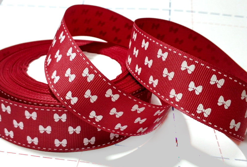 323 25мм Репсовая лента с рисунком 23м (+-1м) Бантики Бордовый/белый