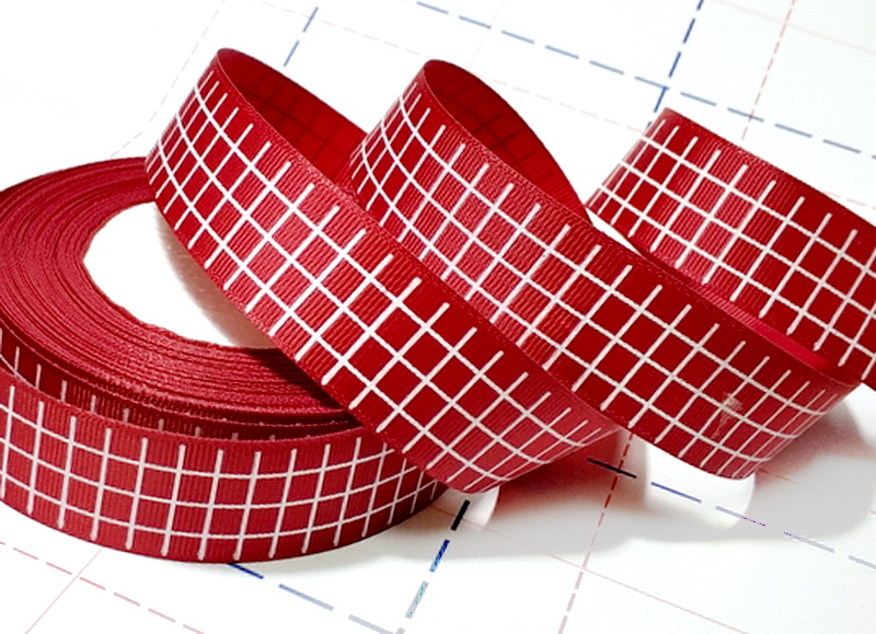 372 25мм Репсовая лента с рисунком 23м (+-1м) Клетка Бордовый/белый