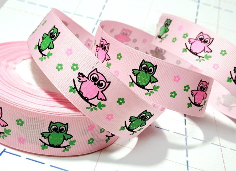 381 25мм Репсовая лента с рисунком 23м (+-1м) Совята Розовый