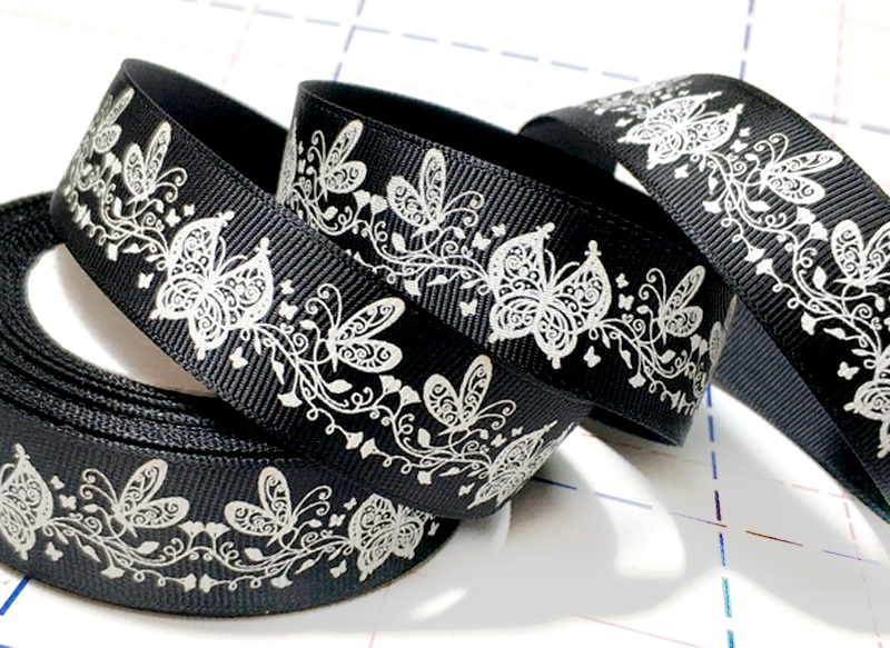 417 25мм Репсовая лента с рисунком 23м (+-1м) Бабочки Черный/белый