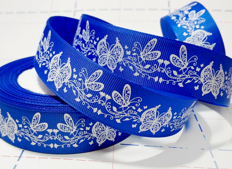 418 25мм Репсовая лента с рисунком 23м (+-1м) Бабочки Синий/белый