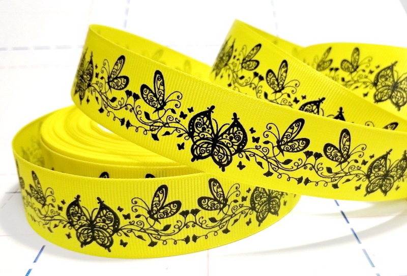 422 25мм Репсовая лента с рисунком 23м (+-1м) Бабочки Желтый/черный