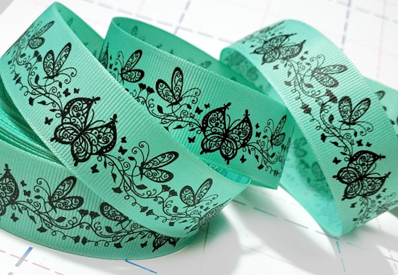 428 25мм Репсовая лента с рисунком 23м (+-1м) Бабочки Мятный/черный