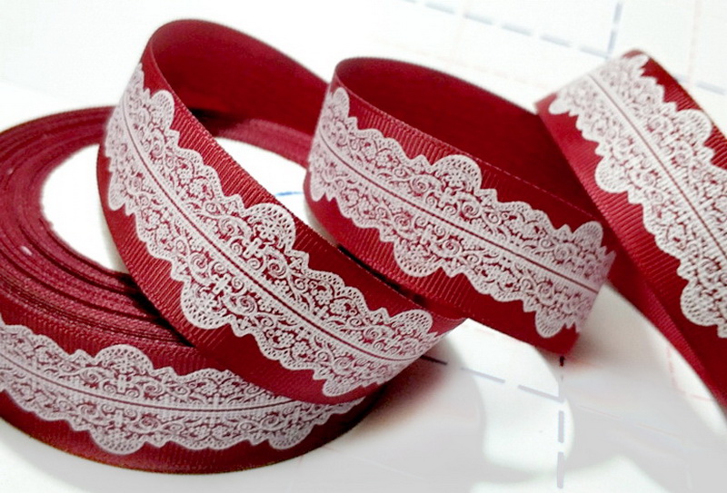 451 25мм Репсовая лента с рисунком 23м (+-1м) Кружево Бордо/белый