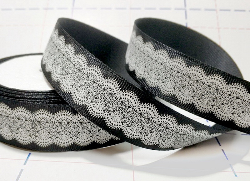 455 25мм Репсовая лента с рисунком 23м (+-1м) Кружево Черный/белый