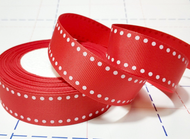 490 25мм Репсовая лента с рисунком 23м (+-1м) Точки Красный/белый
