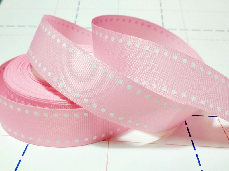 491 25мм Репсовая лента с рисунком 23м (+-1м) Точки Розовый/белый