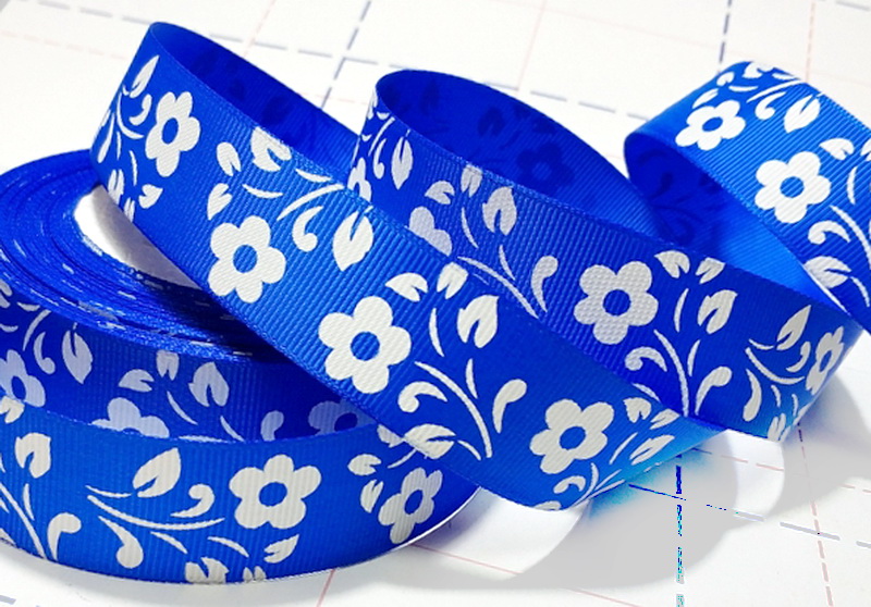 549 25мм Репсовая лента с рисунком 23м (+-1м) Цветы Синий/белый