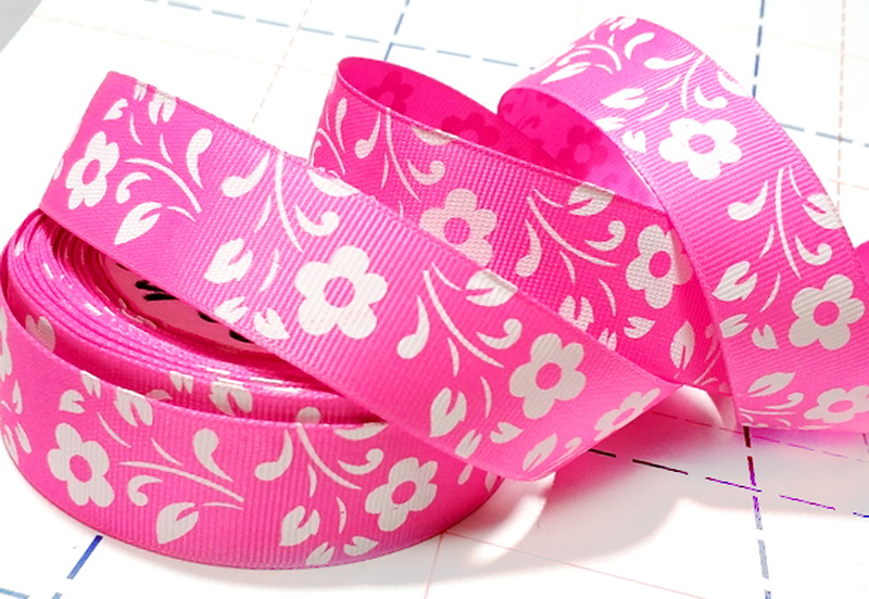 552 25мм Репсовая лента с рисунком 23м (+-1м) Цветы Ярко-розовый/белый