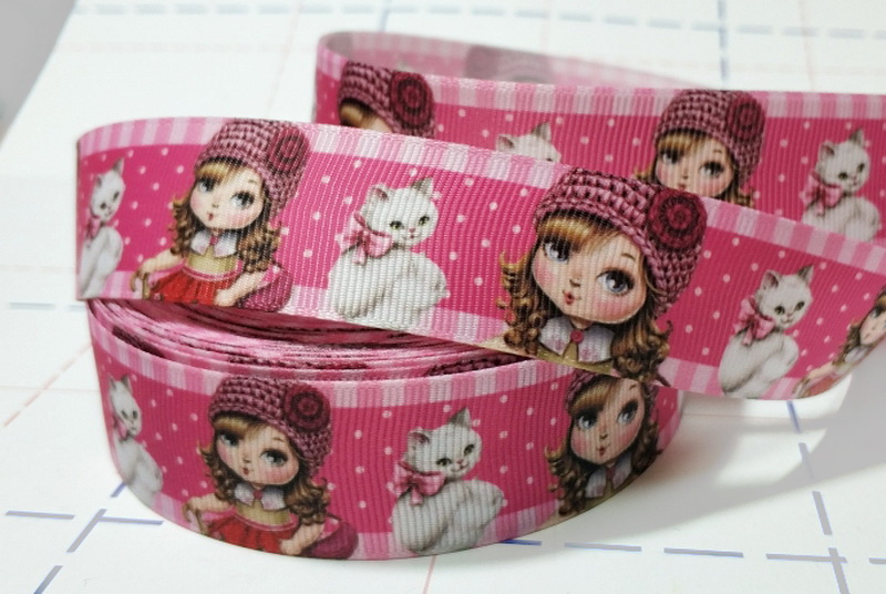 574 25мм Репсовая лента с рисунком 23м (+-1м) Девочка с котиком
