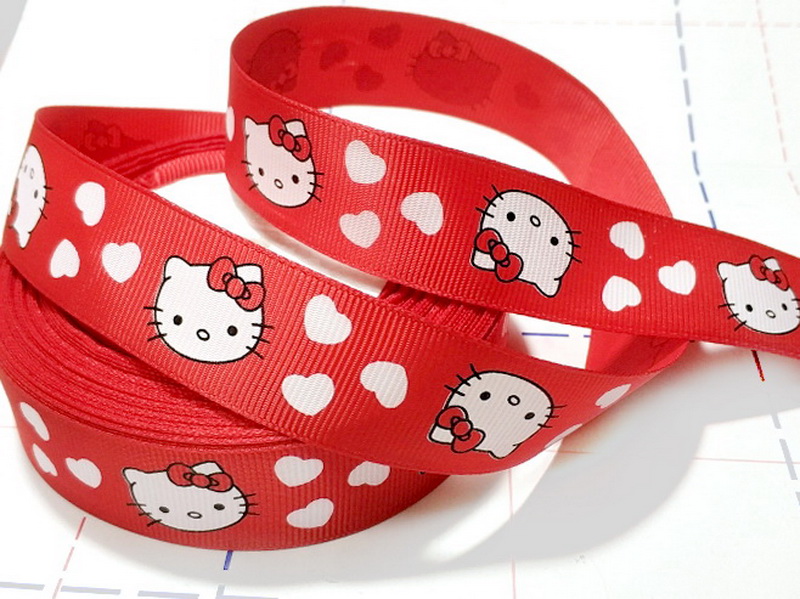 612 25мм Репсовая лента с рисунком 23м (+-1м) Китти Красный