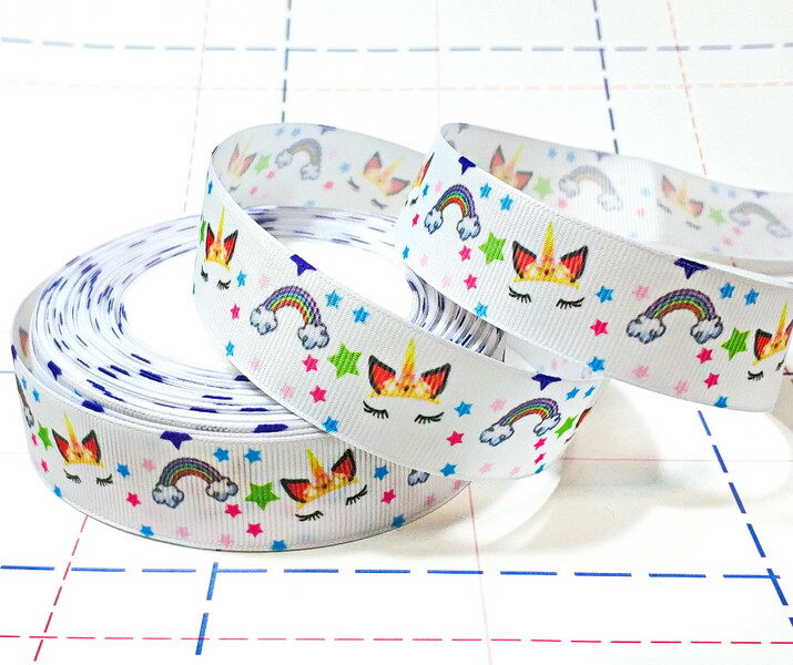 638 25мм Репсовая лента с рисунком 23м (+-1м) Единорог-радуга