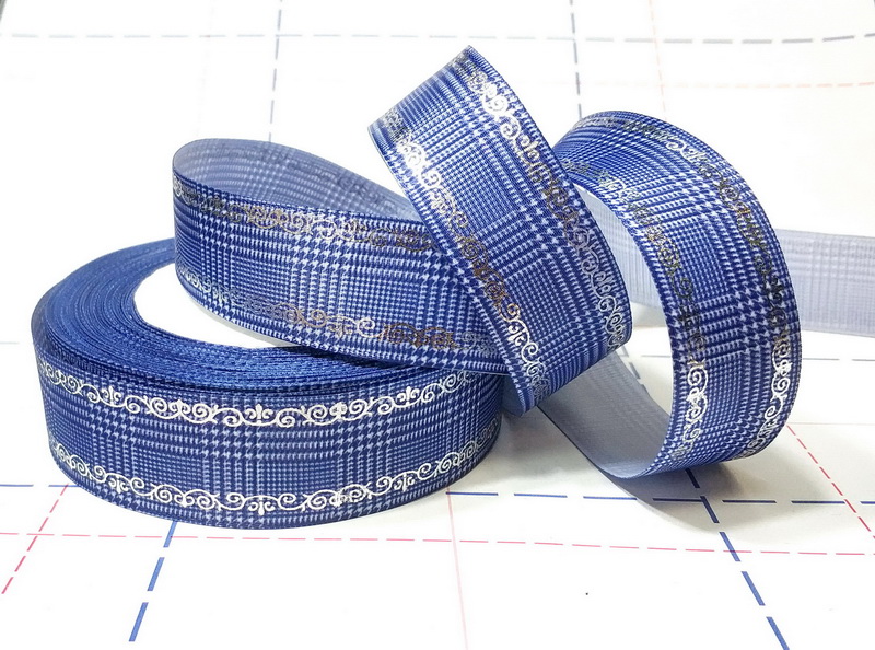 683 25мм Репсовая лента с рисунком 23м (+-1м) Синяя клетка с узором