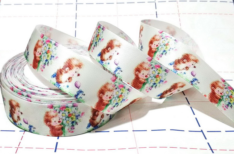 244 Лента атласная 25мм с рисунком 23м/боб (+-1м) Ежик