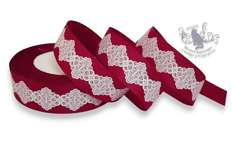 445 25мм Репсовая лента с рисунком 23м (+-1м) Кружево Бордовый/белый