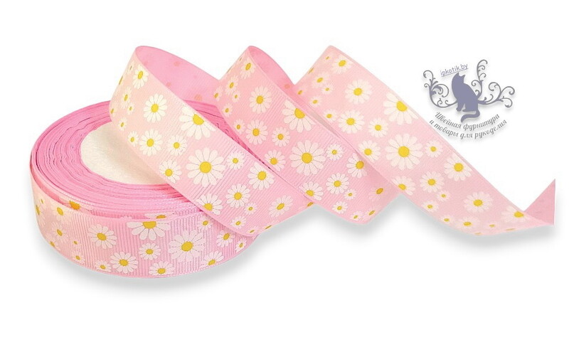 091 25мм Репсовая лента с рисунком 23м (+-1м) Ромашки Светло-розовый