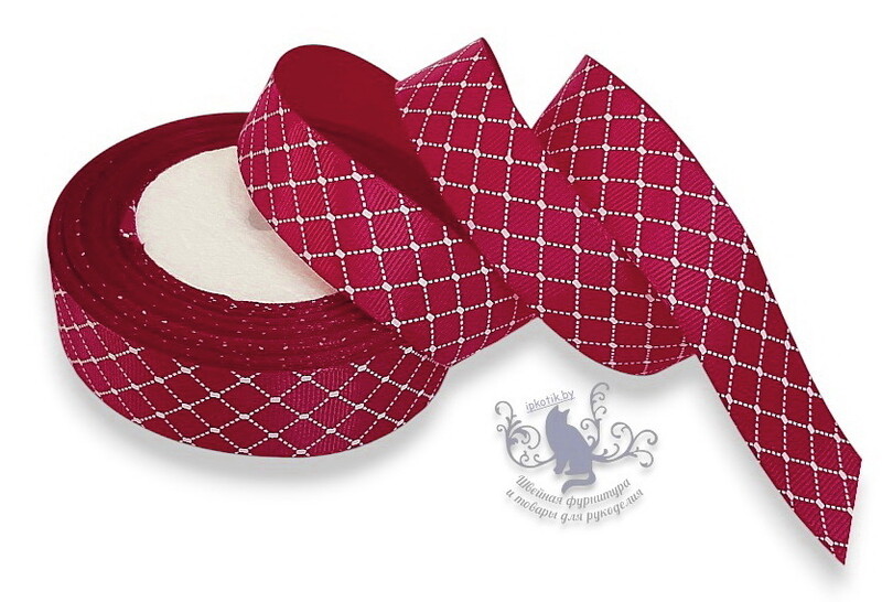 460 25мм Репсовая лента с рисунком 23м (+-1м) Сетка Бордовый/белый