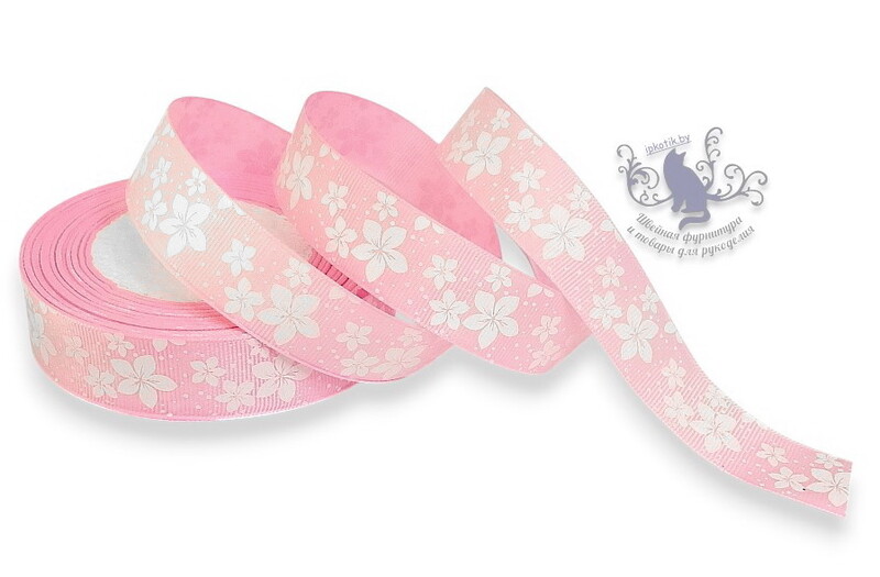 461 25мм Репсовая лента с рисунком 23м (+-1м) Цветы Розовый/белый