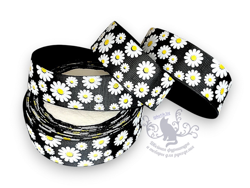 305 25мм Репсовая лента с рисунком 9,1м (+-0,3м) Ромашки Черный