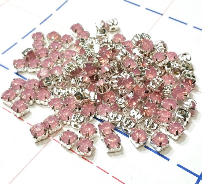 6 мм Стразы в металлической оправе Круг Серебро/розовый опал