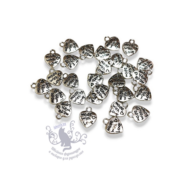 104 Подвеска 12*9 мм Сердце MADE WITH LOVE Серебро